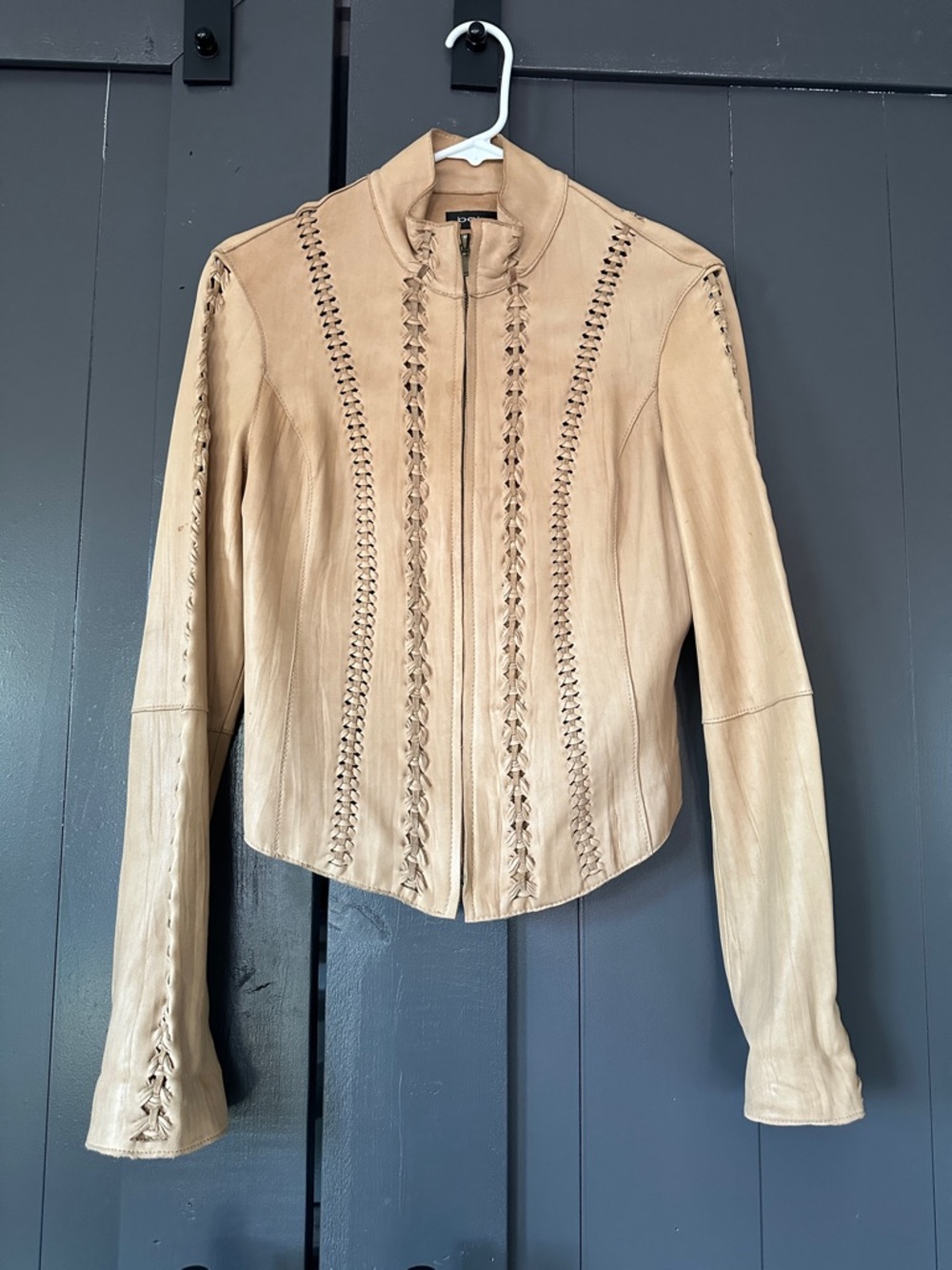 bebe Woven-Trim Leather Jacket - Tan